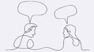 Disegno stilizzato di due profili che comunicano con nuvolette di dialogo, rappresentando il percorso di psicologia per la sessualità e l'intimità a Firenze.